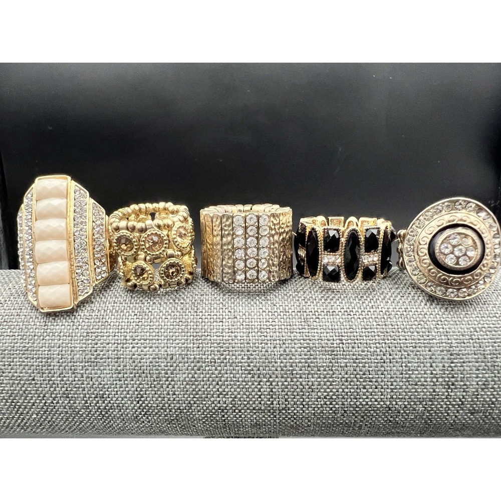 Gold Tone Statement Stretch Ring Lot 5pc Rhinestone Black Cream Size OS Eclectic